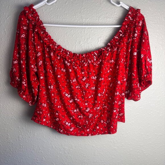 Pretty Little Thing Womens Off-shoulder Red Floral Ruffle Ruched Front Top Sz 20 - Picture 8 of 8